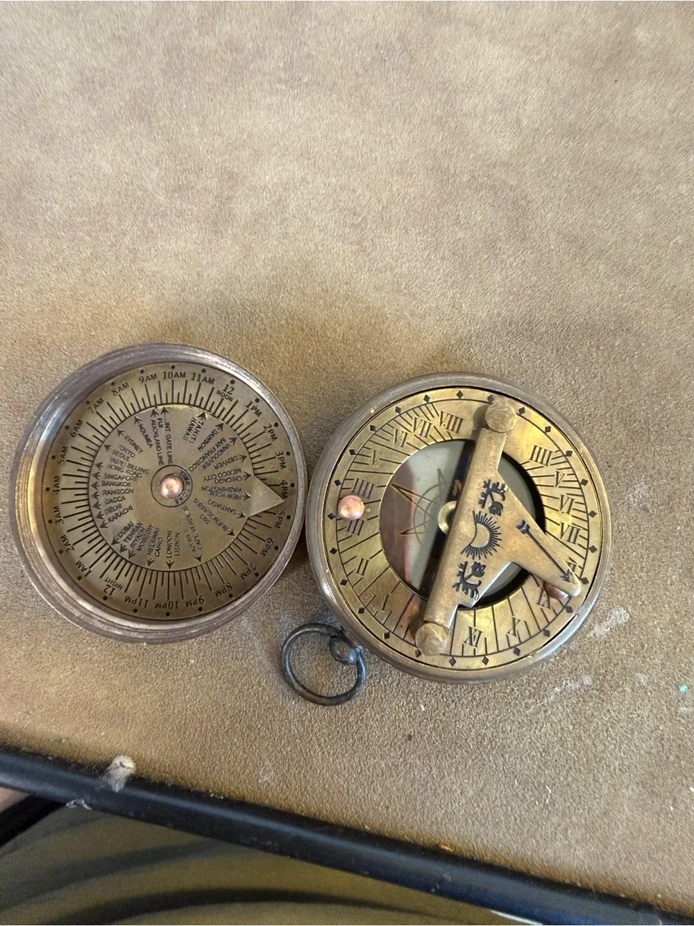 vintage-style brass pocket sundial compass world time display piece